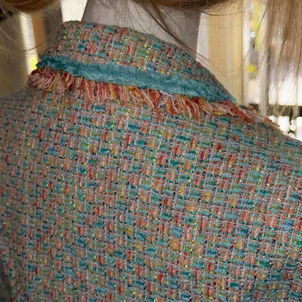 Cynthia Steffe Tweed Fringe Cropped Blazer Teal Orange Multi-Color Jacket NWT S - Picture 8 of 15